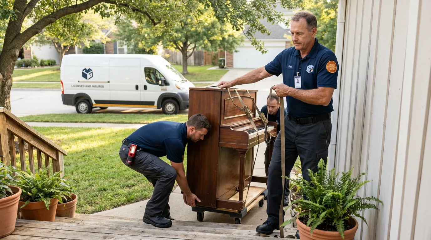 Licensed piano movers securing grand piano in Ontonagon, MI