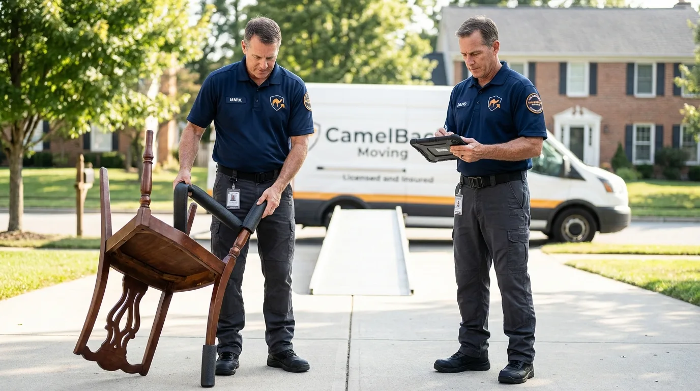 Movers inspecting furniture for damage prevention before loading in Ontonagon, MI